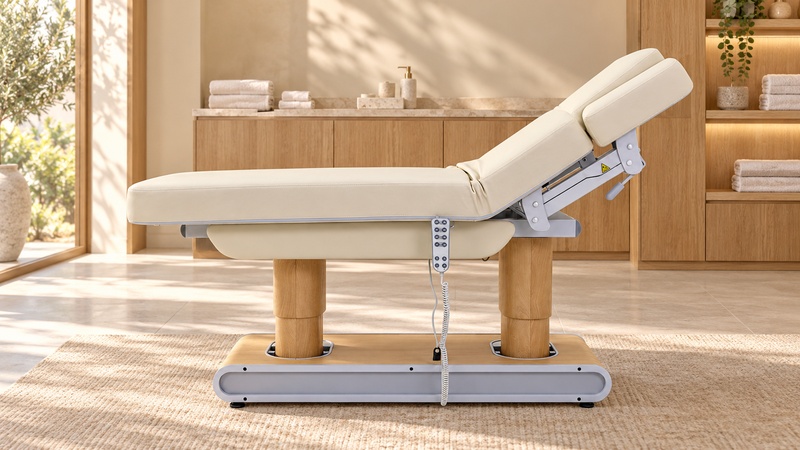 DONGPIN Z242F-C1 Spa Bed in a Spa Treatment Room DONGPIN Z242F-C1 spa bed with cream upholstery, a raised backrest and wood-grain support columns in a warm spa interior.