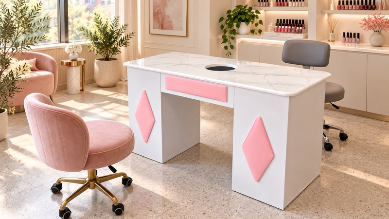 DONGPIN Manicure Table in a Boutique Nail Salon White DONGPIN manicure table with a marble-look top and pink decorative panels, paired with a pink client chair in a bright nail salon.